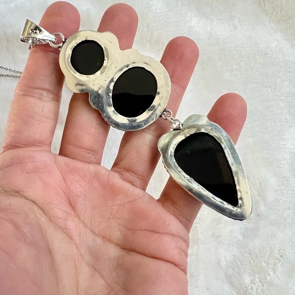 925 MASSIVE! Triple Onyx Protection Pendant Necklace - Picture 5 of 6
